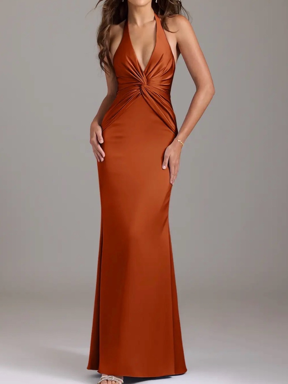 Azazie Rust Halter Twist Satin Gown